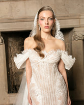 Chic Ivory Column Strapless Lace Off-The-Shoulder Beaded Sleeveless Wedding Dress With Slit